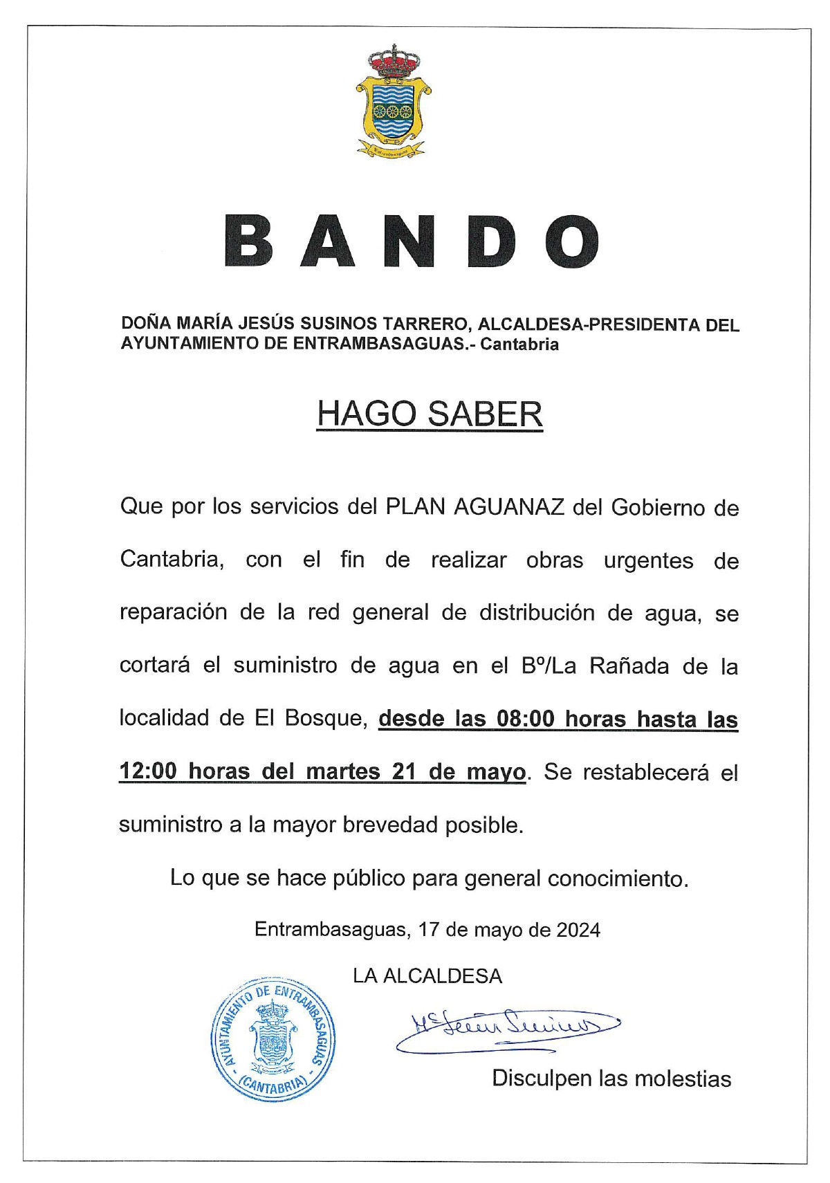 BANDO, Corte de agua en Barrio La Rañada de Hoznayo.