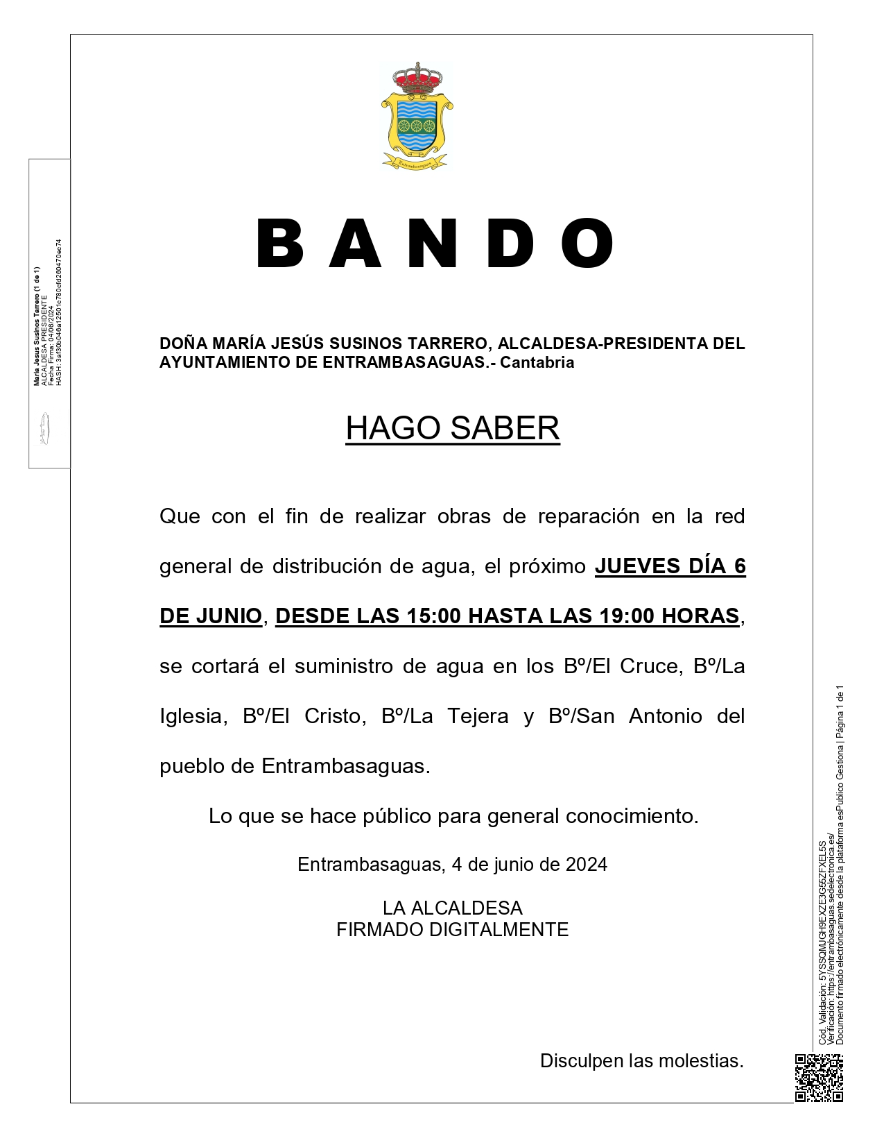 AVISO, Corte de agua en Barrios El Cruce, La Iglesia, El Cristo, La Tejera y San Antonio de Entrambasaguas.