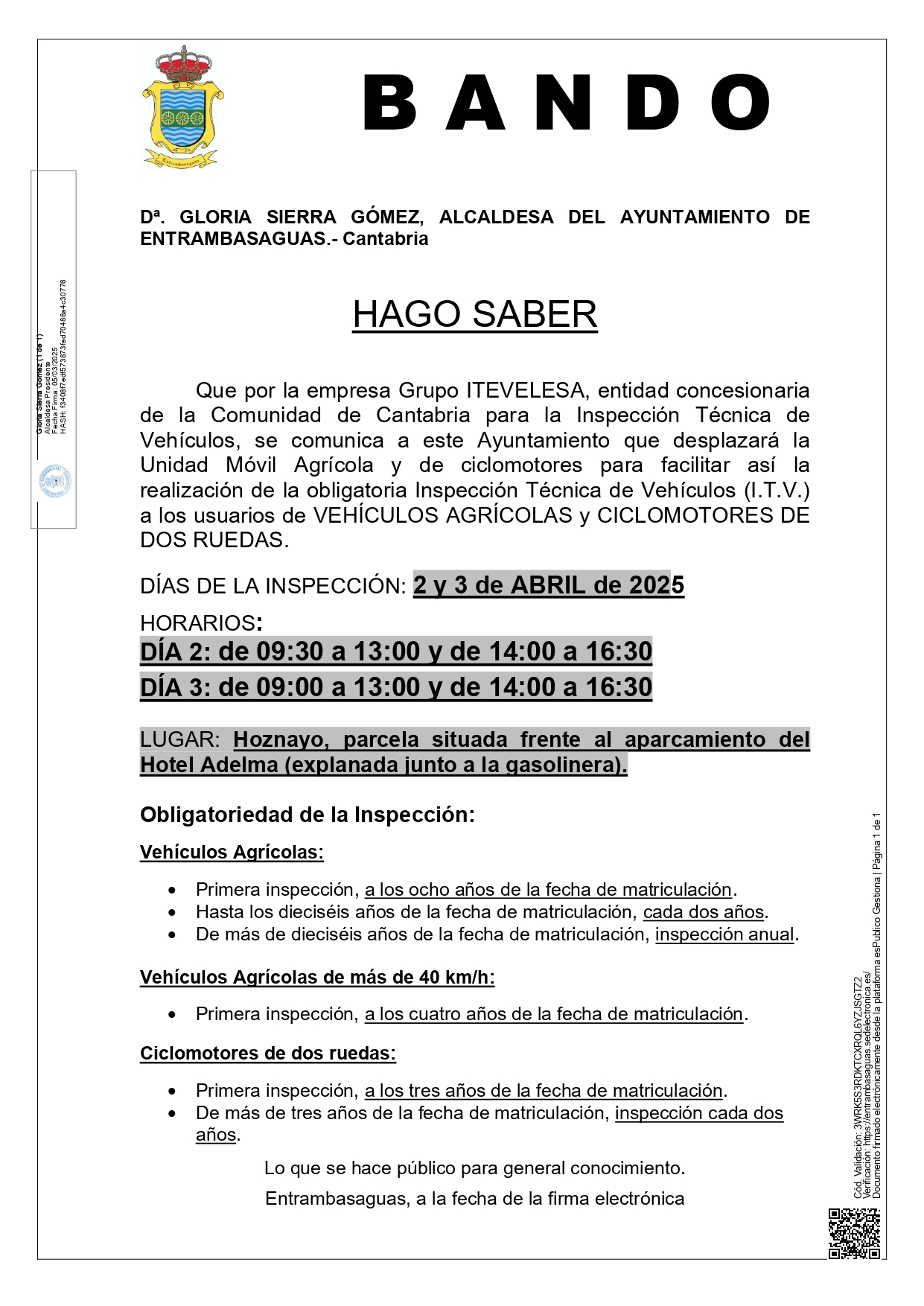 BANDO. Inspección Técnica de Vehículos (I.T.V.) a los usuarios de VEHÍCULOS AGRÍCOLAS y CICLOMOTORES DE DOS RUEDAS.