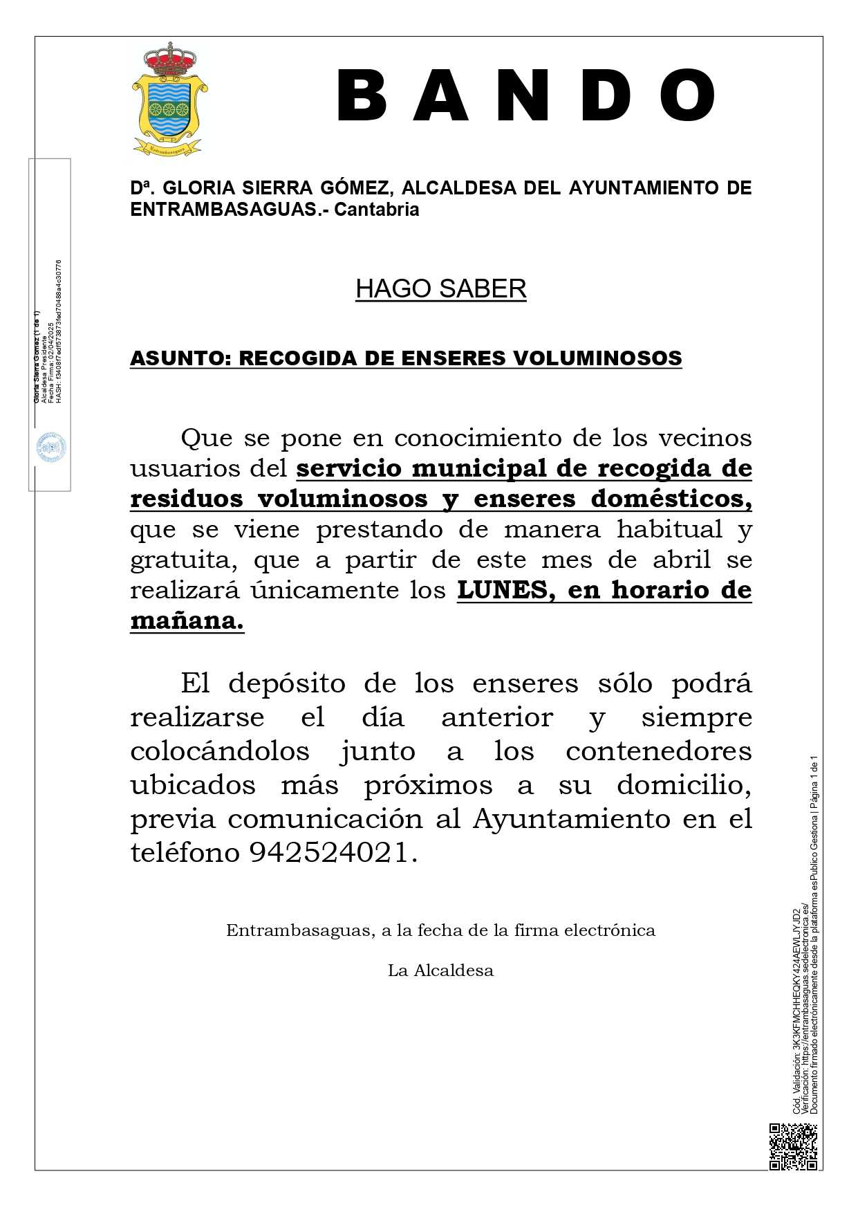 BANDO. Recogida de enseres voluminosos.