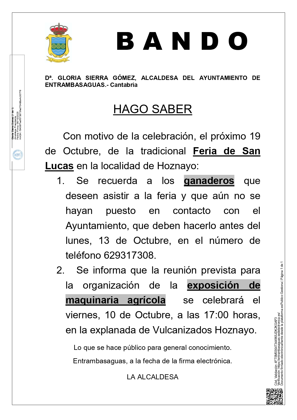Información para ganaderos y representantes de maquinaria agrícola interesados en participar en la Feria de San Lucas.