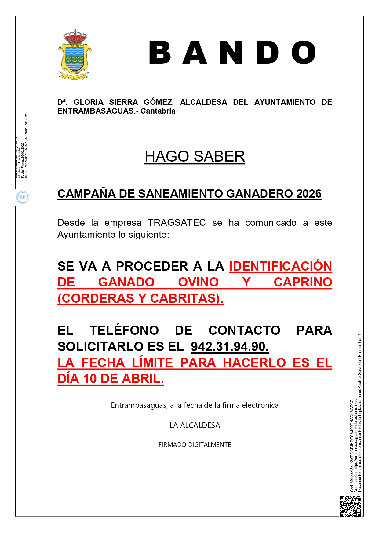 Bando. Campaña de saneamiento ganadero 2026.