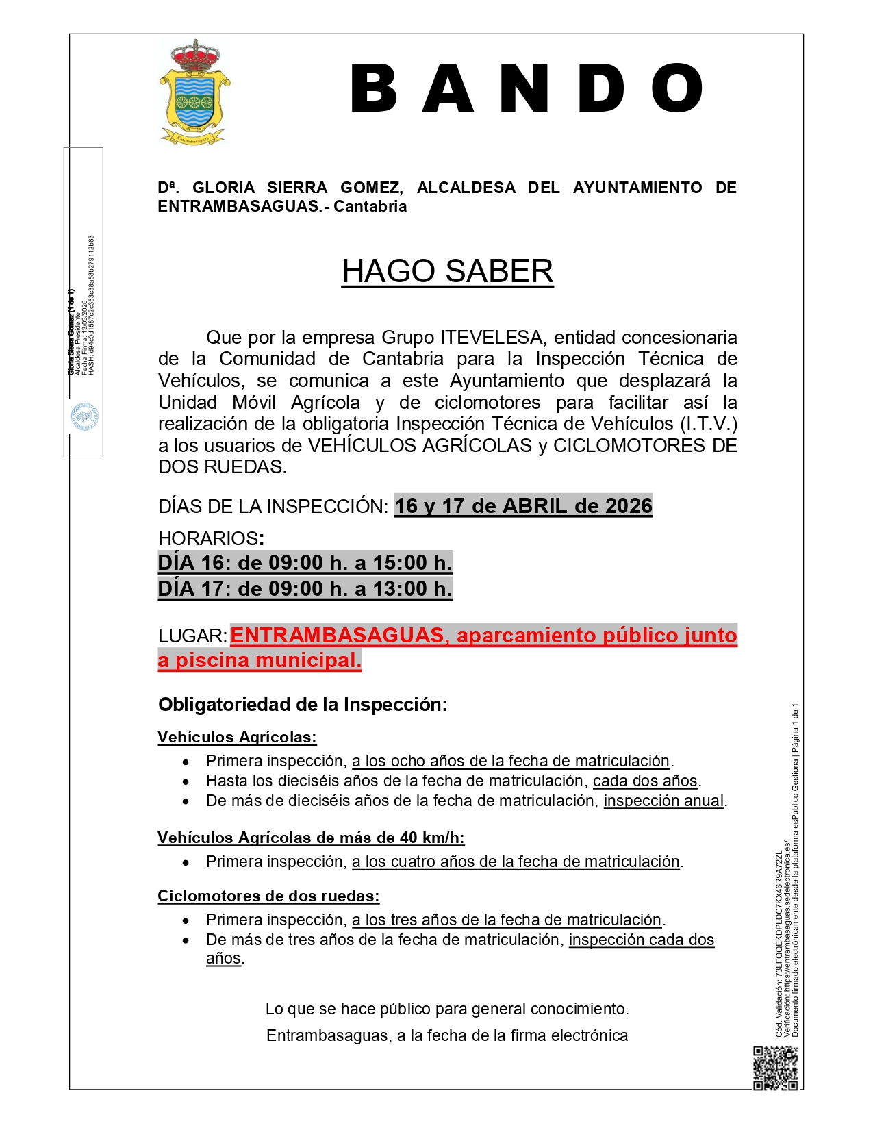 BANDO. Inspección Técnica de Vehículos (I.T.V.) a los usuarios de VEHÍCULOS AGRÍCOLAS y CICLOMOTORES DE DOS RUEDAS.