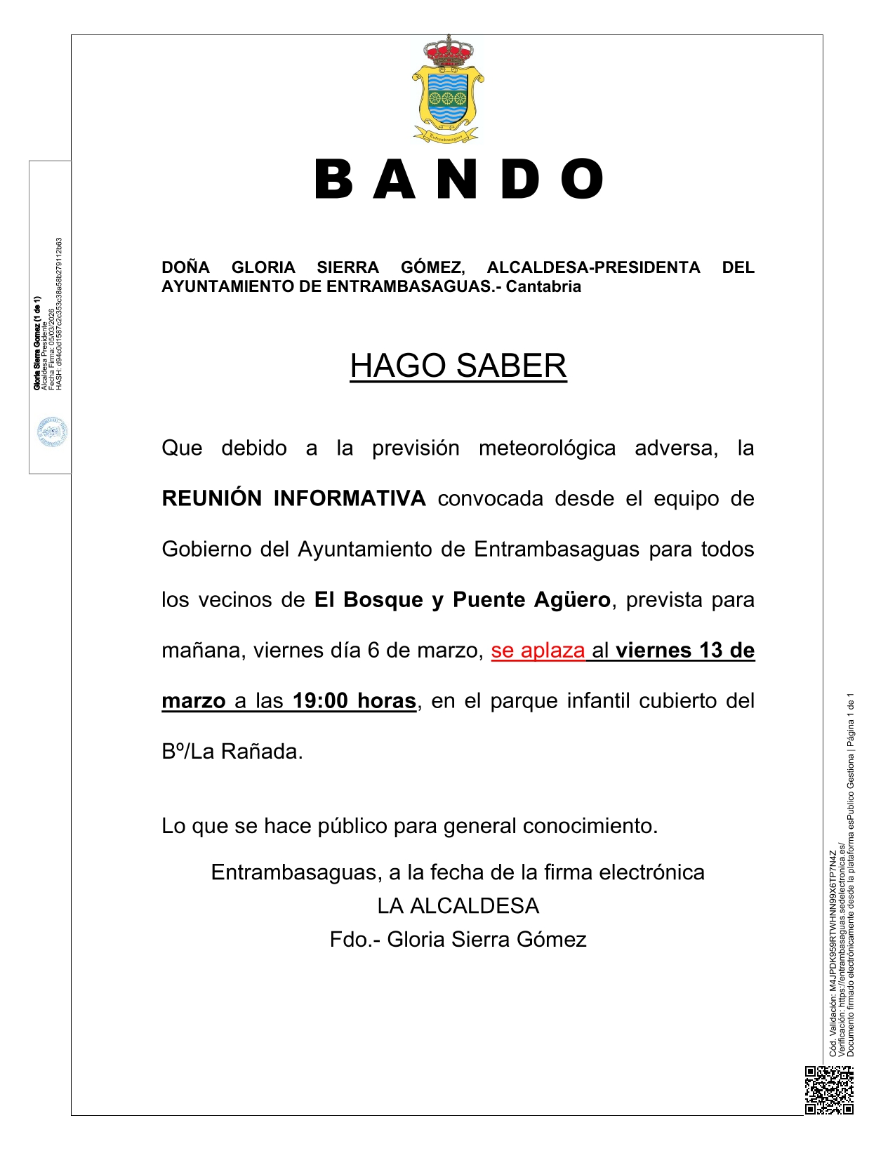 Reunión informativa de El Bosque y Puente Agüero APLAZADA al próximo viernes 13 de marzo.