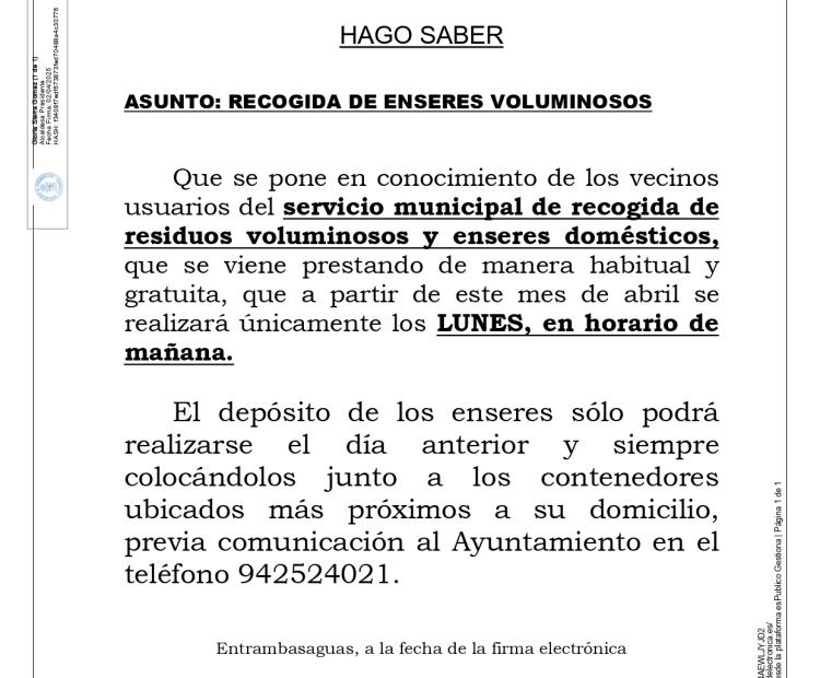BANDO. Recogida de enseres voluminosos.