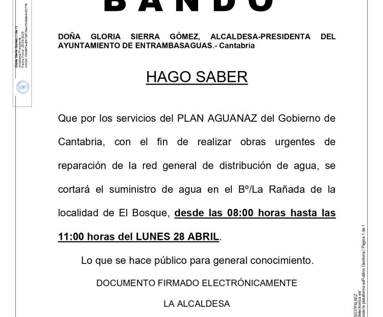 BANDO, Corte de agua en el Barrio La Rañada de la localidad de El Bosque.