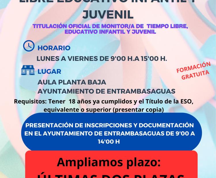 Ampliado el plazo de inscripción del curso de monitor/a de tiempo libre educativo infantil y juvenil.