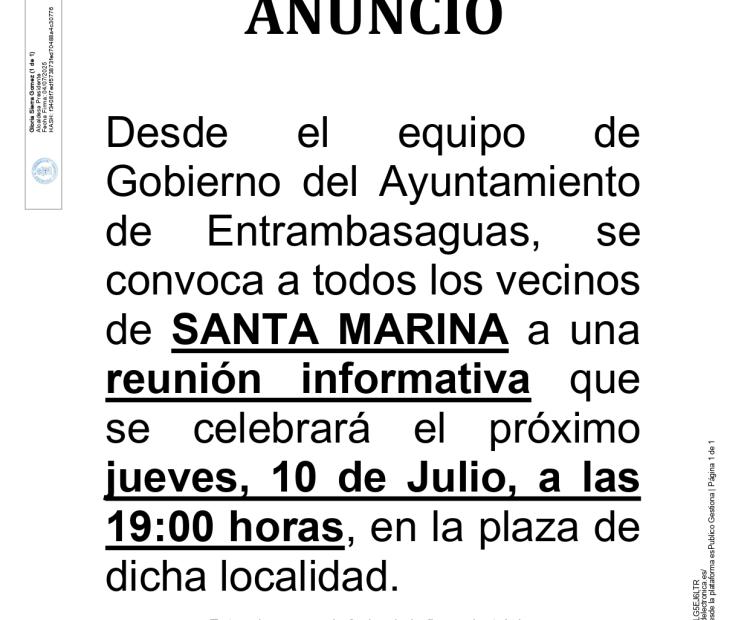 ANUNCIO Reunión informativa para los vecinos de Santa Marina.