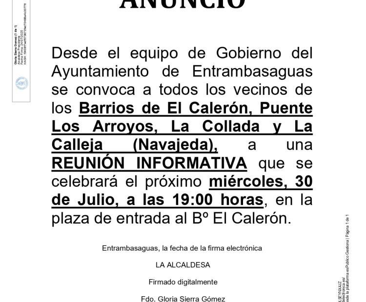 ANUNCIO. Reunión informativa para los vecinos de los Barrios de El Calerón, Puente Los Arroyos, La Collada y La Calleja (Navajeda)