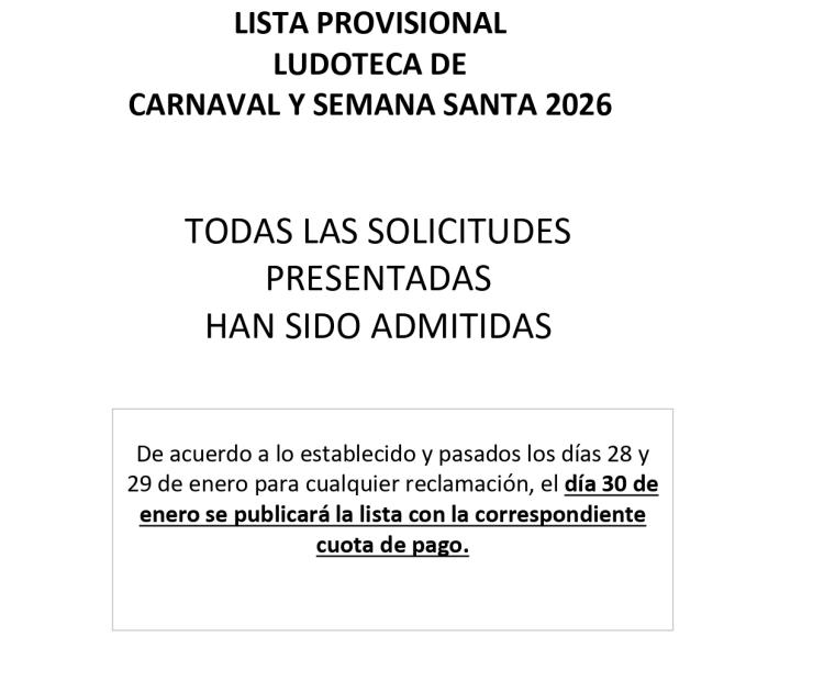 Lista provisional de admitidos, Ludoteca de Carnaval y Semana Santa 2026