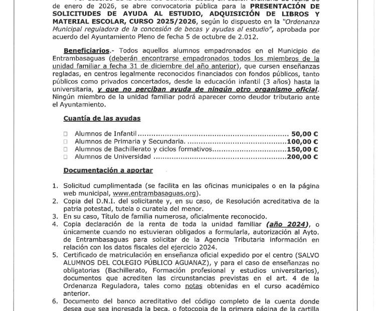 Apertura plazo presentación solicitudes de ayuda al estudio, adquisición de libros y material escolar, curso 2025-2026