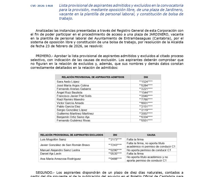 Lista provisional de aspirantes admitidos y excluidos en la convocatoria para la provisión, mediante oposición libre, de una plaza de Jardinero.