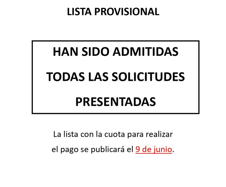 Lista provisional de admitidos, Ludoteca de Verano 2026